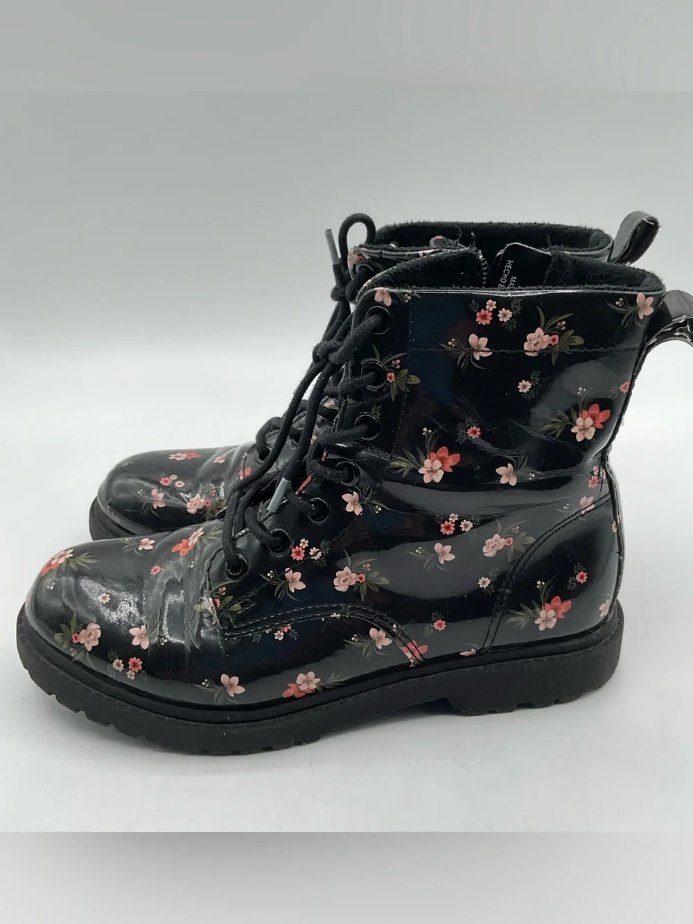 H&M Floral Patent Combat Boots Size 4 Black Lace Up Side Zip